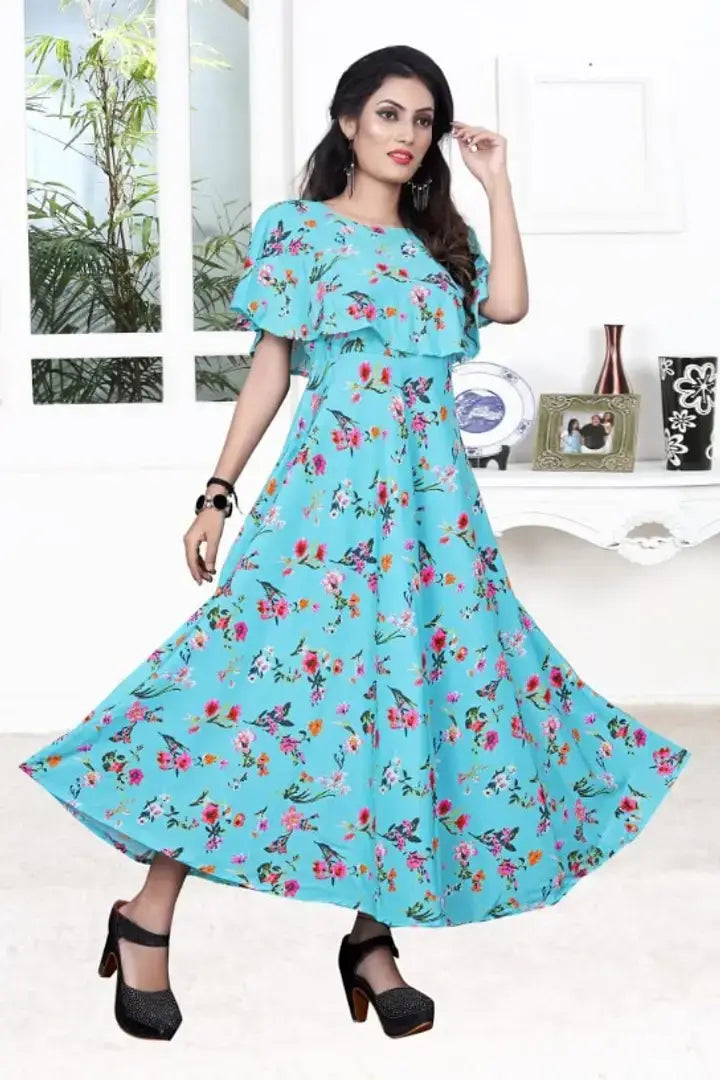Stylish Turquoise Crepe Printed Fit And Flare Dress For Women