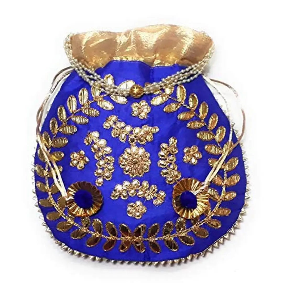 UNIQUE PRODUCT Women's Cotton Silk Gotta Patti Pearls Beads Drawstring Potli Bag (Blue)