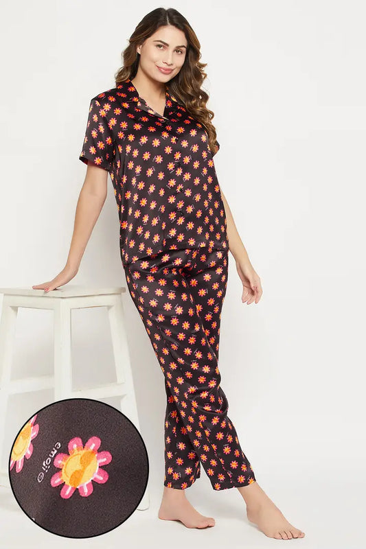 Stylish Satin Geometric Print Brown Night Wear Shirt With Pajama Set For Women